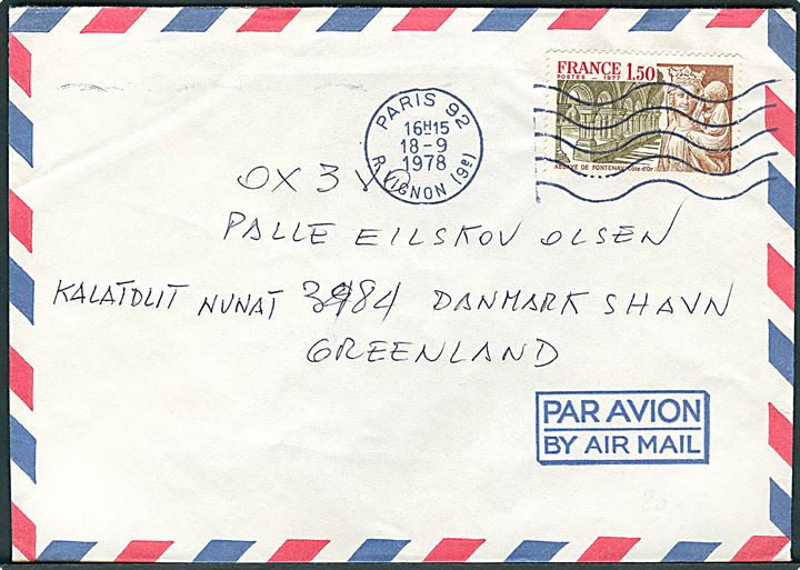 Fransk 1,50 fr. frankeret luftpostbrev fra Paris d. 18.9.1978 til Danmarkshavn, Nordøstgrønland.