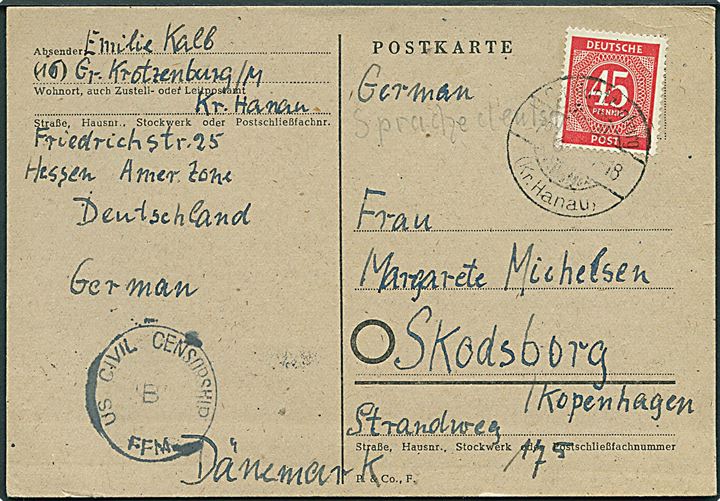 45 pfg. Ciffer på brevkort fra Gr. Krotzenburg d. 18.2.1947 til Skodsborg, Danmark. Amerikansk efterkrigscensur i Tyskland: US Civil Censorship B FFM.