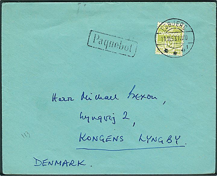 12 øre Bølgelinie på tryksag stemplet Esbjerg d. 11.11.1953 og sidestemplet Paquebot til Kongens Lyngby.