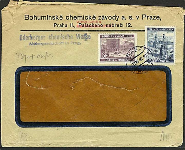 2,50 K. Olomouce og 3 K. Zlin på rudekuvert fra Prag d. 17.7.1940. Åbnet af tysk censur i Berlin.