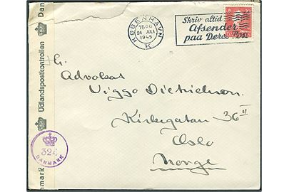 20 øre Chr. X på brev fra København d. 24.7.1945 til Oslo, Norge. Dansk efterkrigscensur (krone)/324/Danmark.