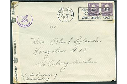 10 øre Chr. X (2) på brev fra København d. 1.8.1945 til Göteborg, Sverige. Dansk efterkrigscensur (krone)/495/Danmark.