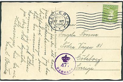 15 øre Chr. X på brevkort fra Hellerup d. 27.9.1945 til Göteborg, Sverige. Dansk efterkrigscensur (krone)/477/Danmark.