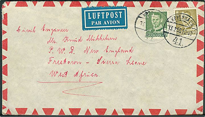 70 øre og 90 øre Fr. IX på luftpostbrev fra København d. 13.2.1956 til Freetown, Sierra Leone i Vestafrika.