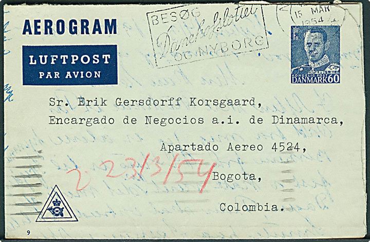 60 øre Fr. IX helsags aerogram (fabr. 9) fra Nyborg d. 15.3.1954 til Bogota, Colombia. 
