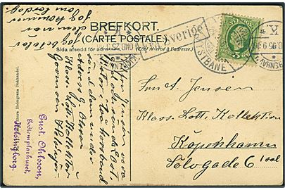 5 öre Oscar på brevkort fra Helsingborg annulleret med bureaustempel Sjællandske Kystbane d. 24.9.1905 og sidestemplet Fra Sverige til København, Danmark.