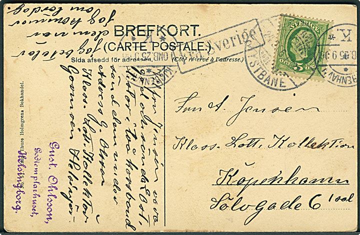 5 öre Oscar på brevkort fra Helsingborg annulleret med bureaustempel Sjællandske Kystbane d. 24.9.1905 og sidestemplet Fra Sverige til København, Danmark.
