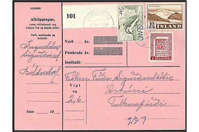 16 kr. blandingsfrankering på adressekort for pakke fra Bildudalur d. 13.2.1960. På bagsiden stemplet Patreksfjördur.