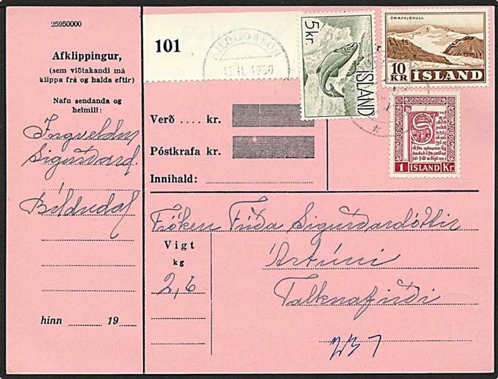 16 kr. blandingsfrankering på adressekort for pakke fra Bildudalur d. 13.2.1960. På bagsiden stemplet Patreksfjördur.