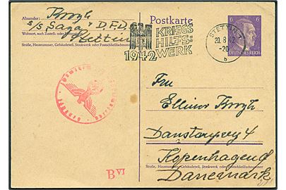 6 pfg. Hitler helsagsbrevkort fra Stettin d. 20.8.1942 til København. Fra DFDS skibet S/S Saga. Tysk censur fra Hamburg.