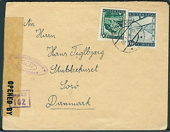 10 gr. og 40 gr. på brev fra Wien d. 8.1.1946 til Sorø, Danmark. Åbnet af østrigsk efterkrigscensur.