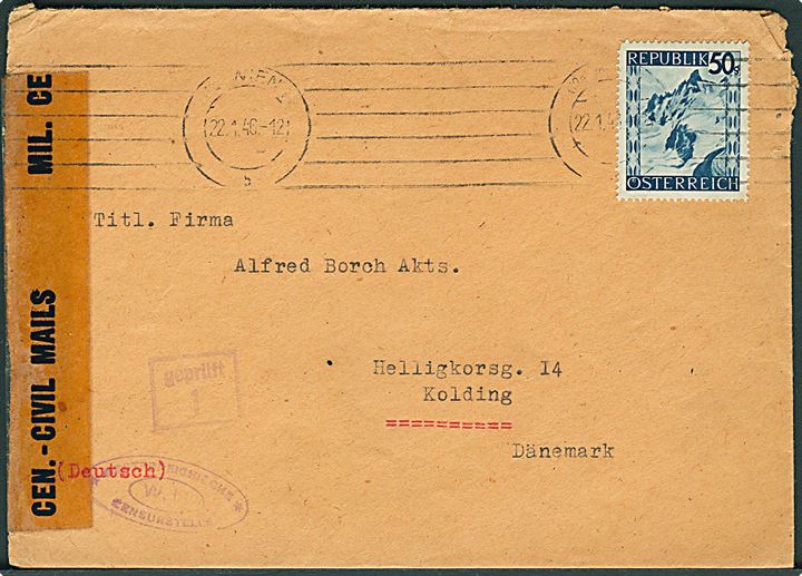 50 gr. på brev fra Wien d. 22.1.1946 til Kolding, Danmark. Åbnet af østrigsk efterkrigscensur.