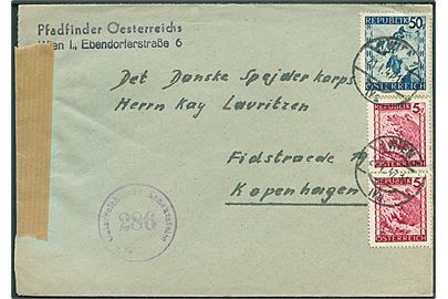 5 gr. (2) og 50 gr. på brev fra Pfadfinder Oesterreichs i Wien d. 21.1.1947 til Det Danske Spejderkorps i København, Danmark. Østrigsk efterkrigscensur.