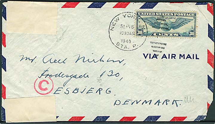 30 cents Winged Globe på luftpostbrev fra New York d. 16.9.1940 til Esbjerg, Danmark. Transit stemplet i Lissabon d. 18.9.1940 og åbnet af tysk censur i Berlin.