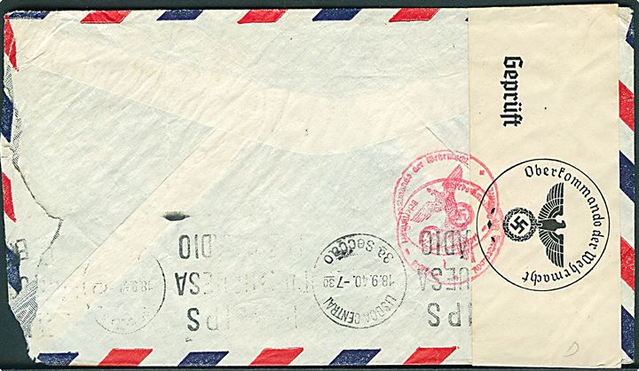 30 cents Winged Globe på luftpostbrev fra New York d. 16.9.1940 til Esbjerg, Danmark. Transit stemplet i Lissabon d. 18.9.1940 og åbnet af tysk censur i Berlin.