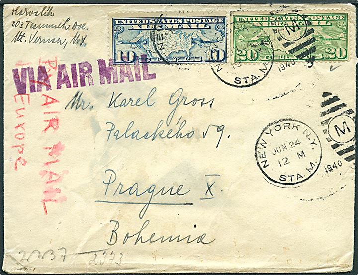 10 cents og 20 cents på luftpostbrev fra New York d. 24.6.1940 til Prag, Böhmen-Mähren. Dobbelt censureret ved den tyske censur i Berlin.