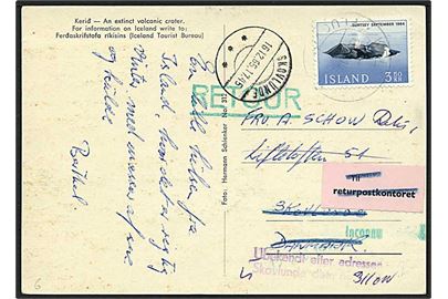 3,50 kr. Surtsey single på brevkort fra Keflavik 1965 til Skovlunde, Danmark. Retur med stempel Ubekendt efter adresse. Skovlunde og etiket: Til Returpostkontoret.