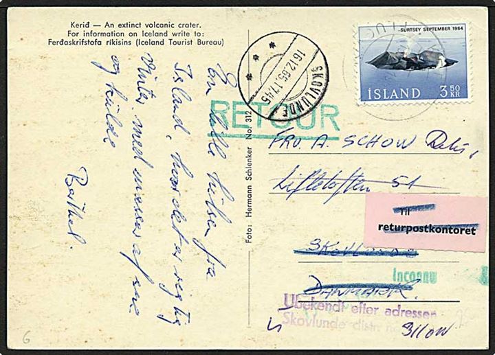 3,50 kr. Surtsey single på brevkort fra Keflavik 1965 til Skovlunde, Danmark. Retur med stempel Ubekendt efter adresse. Skovlunde og etiket: Til Returpostkontoret.