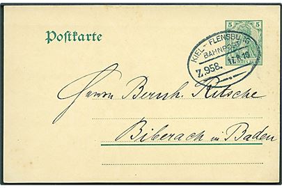 5 pfg. Germania helsagsbrevkort fra Mohrholz-Osterholz annulleret med bureaustempel Bahnpost Kiel - Flensburg Zug 958 d. 17.8.1910 til Biberach.