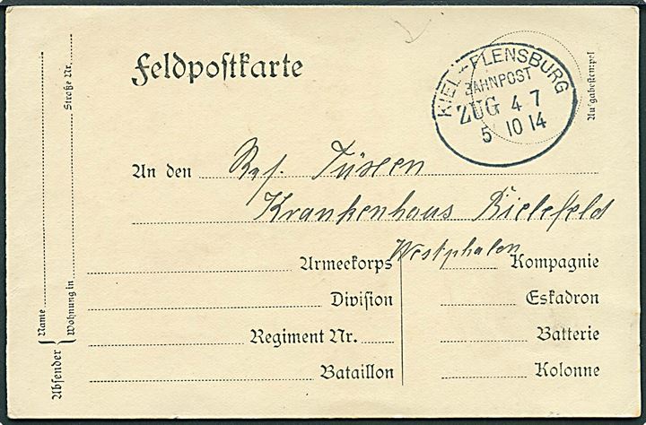 Ufrankeret feltpostkort fra Süder-Brarup med bureaustempel Kiel - Flensburg Bahnpost Zug 47 d. 5.10.1914 til soldat på  Krankenhaus Bielefeld.