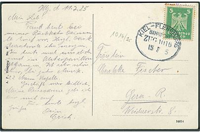 5 pfg. på brevkort fra Hamburg annulleret med bureaustempel Kiel - Flensburg Bahnpost Zug 1016 d. 15.7.1925 til Gera.