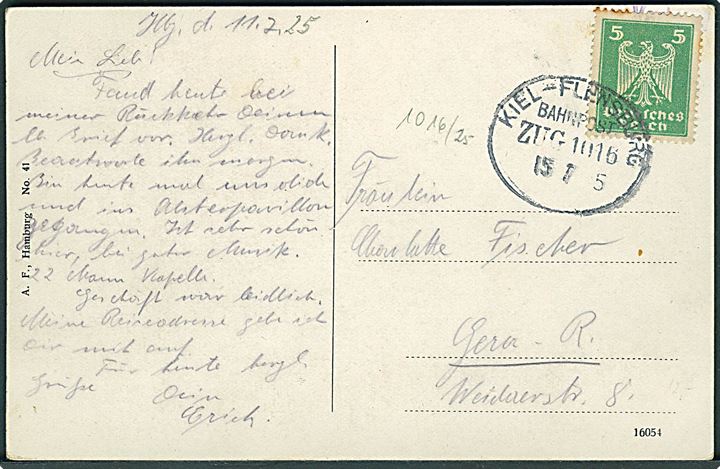 5 pfg. på brevkort fra Hamburg annulleret med bureaustempel Kiel - Flensburg Bahnpost Zug 1016 d. 15.7.1925 til Gera.