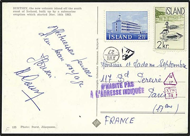 2 kr. edderfugle og 2,50 kr. bygning på brevkort (Surtsey) til Paris, Frankrig. Retur pga. utilstrækkelig adresse. Mærkerne ikke stemplet.