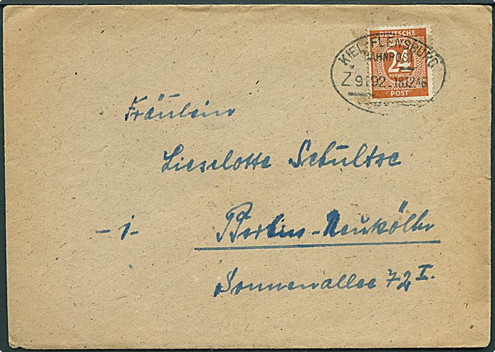 24 pfg. på brev fra Schleswig med bureaustempel Kiel - Flensburg Bahnpost Z.9192 d. 18.12.1946 til Berlin-Neukölln.