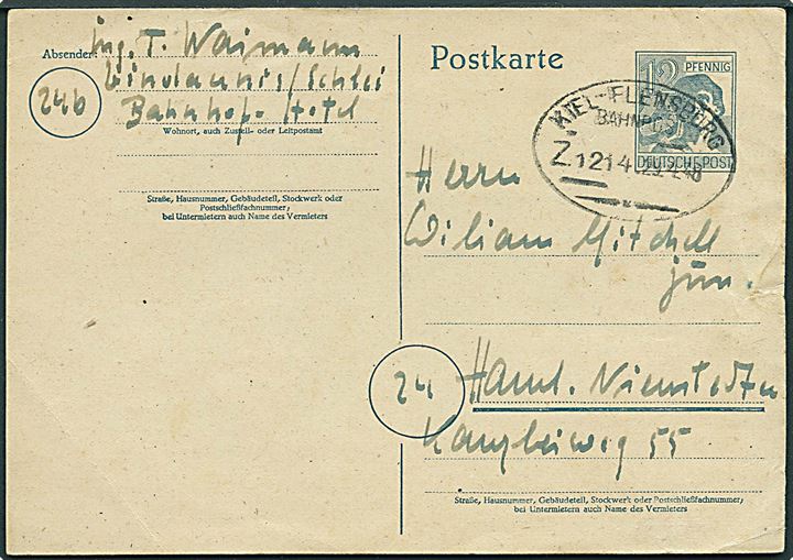 12 pfg. helsagsbrevkort fra Lindaunis annulleret med bureaustempel Kiel - Flensburg Bahnpost Z. 2114 d. 29.4.1948 Hamburg.