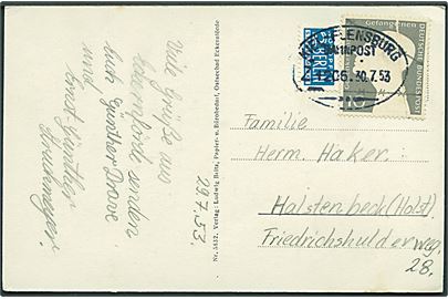 10 pfg. (defekt) og 2 pfg. Berlin Notopfer på brevkort fra Eckernförde annulleret med bureaustempel Kiel - Flensburg Bahnpost Z.1206 d. 30.7.1953 til Halstenbeck.