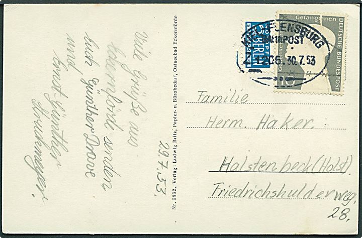 10 pfg. (defekt) og 2 pfg. Berlin Notopfer på brevkort fra Eckernförde annulleret med bureaustempel Kiel - Flensburg Bahnpost Z.1206 d. 30.7.1953 til Halstenbeck.