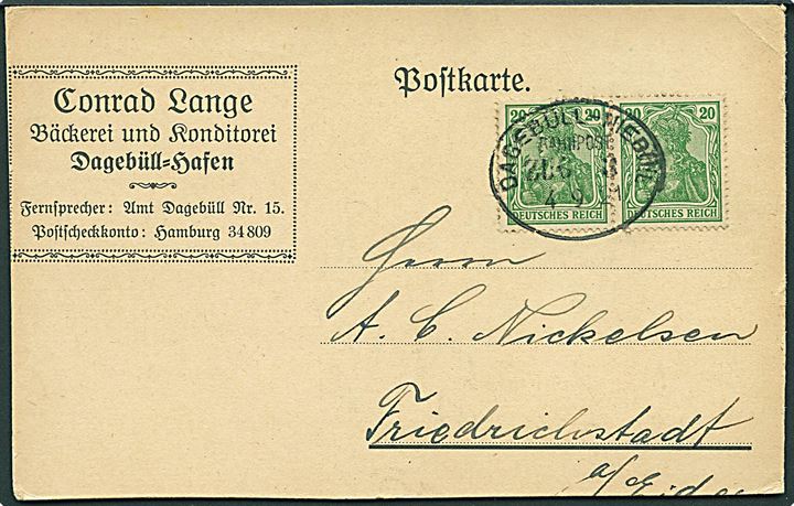20 pfg. Germania i parstykke på brevkort fra Dagebüll-Hafen annulleret med bureaustempel Dagebüll - Niebüll Bahnpost Zug 3 d. 4.9.1921 til Friedrichstadt.
