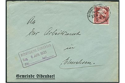 12 pfg. Hedengedenktag på brev fra Oldendorf annulleret med bureaustempel Hamburg - Husum Bahnpost Zug 2007 d. 5.4.1936 til Elmshorn.
