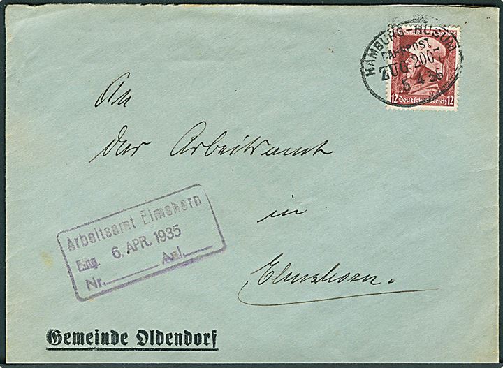 12 pfg. Hedengedenktag på brev fra Oldendorf annulleret med bureaustempel Hamburg - Husum Bahnpost Zug 2007 d. 5.4.1936 til Elmshorn.