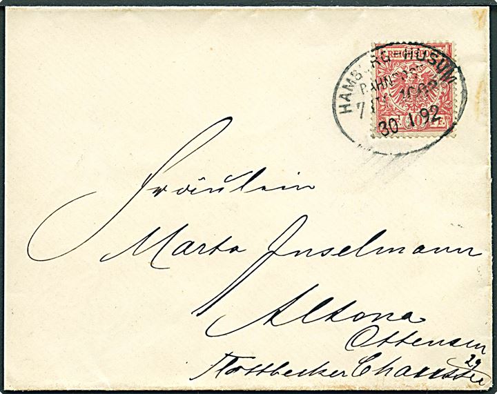 10 pfg. Adler på brev annulleret med bureaustempel Hamburg - Husum Bahnpost Zug 1002 d. 30.1.1892 til Altona.