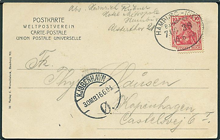 10 pfg. Germania på brevkort fra Hamburg annulleret med bureaustempel Hamburg - Kiel Bahnpost Zug 38d. 15.6.1903 til København, Danmark. Mærke med skade.