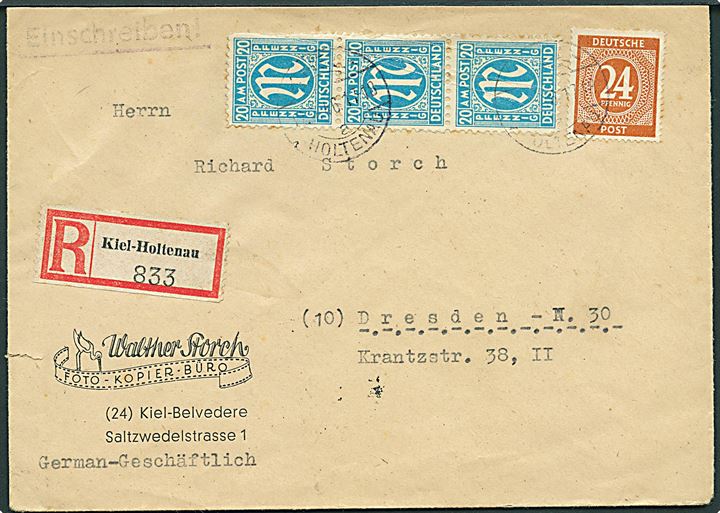 20 pfg. Bizone (3) og 24 pfg. på anbefalet brev fra Kiel-Holtenau d. 12.7.1946 til Dresden.