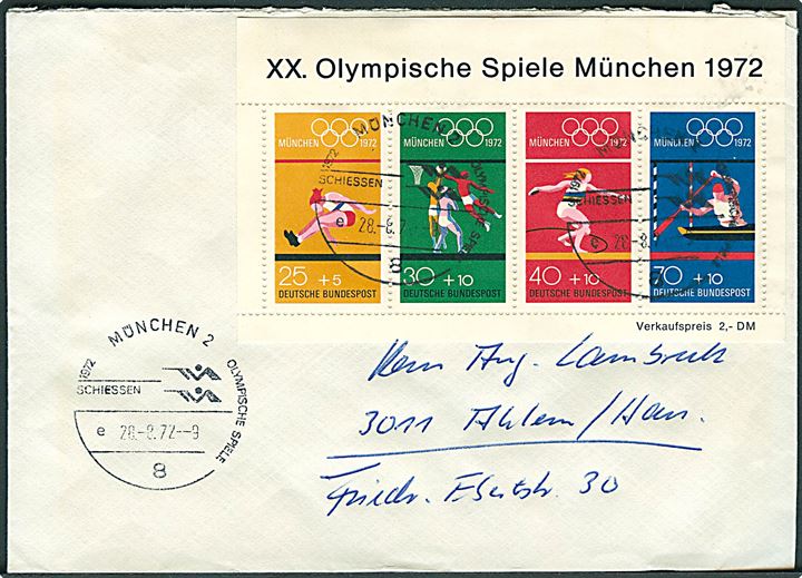 Olympiadeblok 1972 på brev stemplet München d. 26.8.1972 til Ahlem.