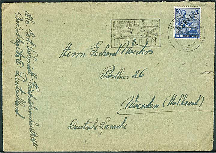 50 pfg. Berlin provisorium single på brev annulleret med TMS Luftbrücke Berlin/Berlin d. 11.10.1948 til Woerden, Holland. Bagklap mgl.
