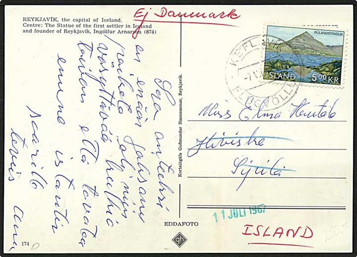 5 kr. Landskab single på brevkort fra Keflavik d. 7.7.1967 - fejlagtigt sendt til Danmark.