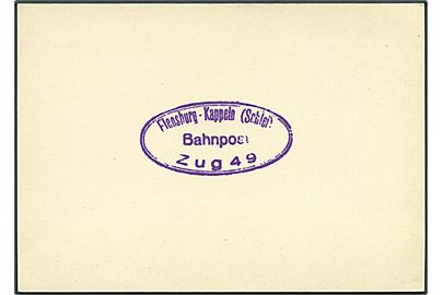 Ufrankeret og uaddresseret brevkort med aftryk af reserve-bureaustempel Flensburg - Kappeln (Schlei) Bahnpost Zug 49. 