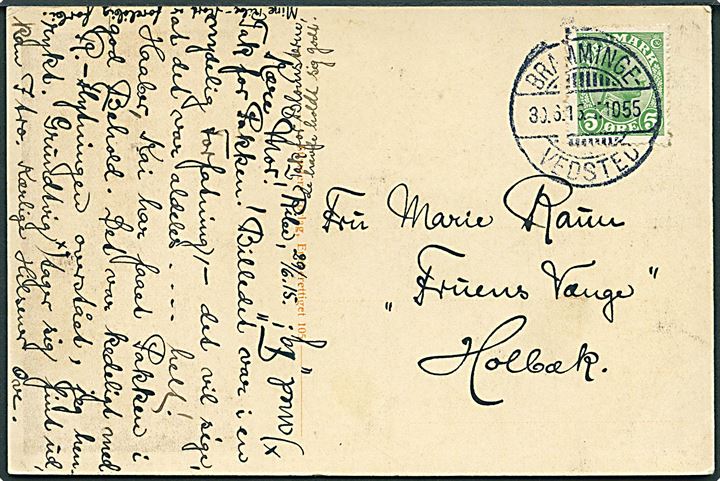 5 øre Chr. X på brevkort (Skamlingsbanken, Kolding) dateret Ribe og annulleret med bureaustempel Bramminge - Vedsted T.1055 d. 30.6.1915 til Holbæk.