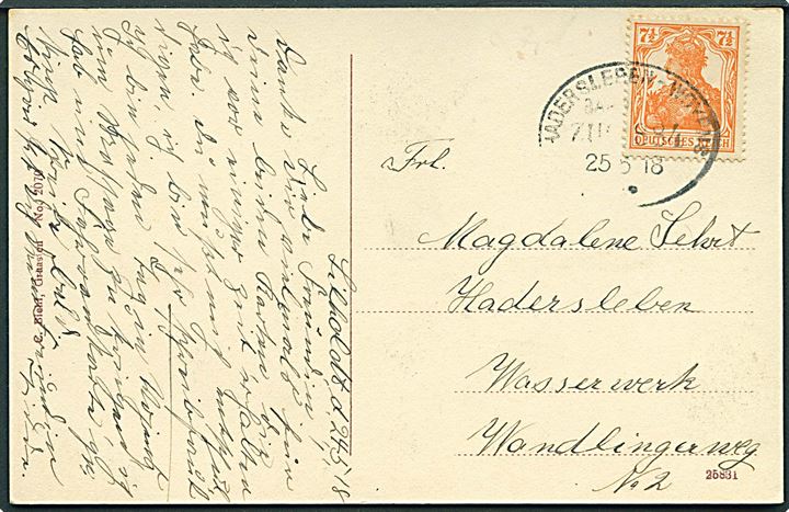 7½ pfg. Germania på brevkort (Den lille Hornblæser) dateret Lilholdt og annulleret med bureaustempel Hadersleben - Woyens Bahnpost Zug 884 d. 25.5.1918 til Haderslev.