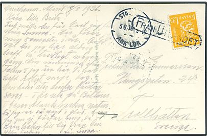 1,25 mk. Løve udg. på brevkort dateret Mariehamn på Ålandsøerne annulleret med skibsstempel Från Finland og sidestemplet Stockholm d. 5.8.1936 til Trollhättan, Sverige. 