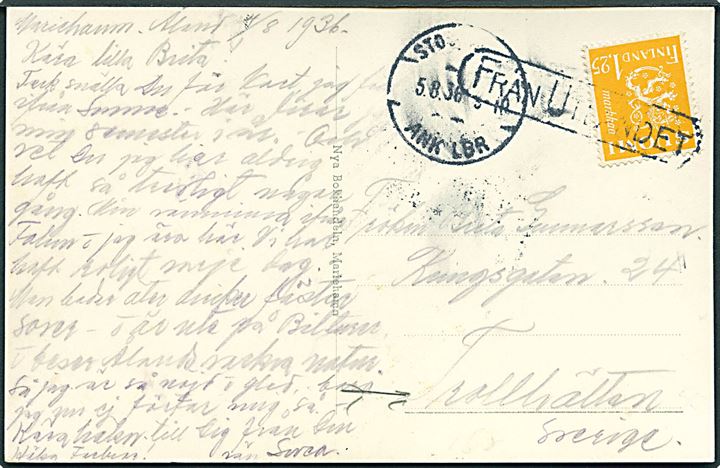 1,25 mk. Løve udg. på brevkort dateret Mariehamn på Ålandsøerne annulleret med skibsstempel Från Finland og sidestemplet Stockholm d. 5.8.1936 til Trollhättan, Sverige. 