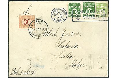 7 øre og 10 øre (2) Bølgelinie på brev fra København d. 17.7.1927 til poste restante i Catania, Italien. Italiensk 30 c. Portomærke stemplet Catania d. 21.7.1927.