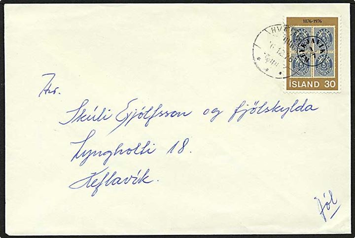 30 kr. 100 år for Aur-udg. på brev annulleret med brotype-stempel Hvammstangi 1976 til Keflavik.