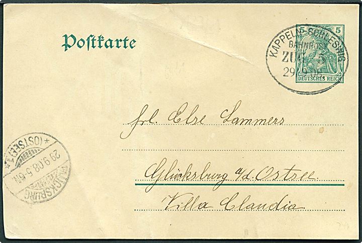 5 pfg. Germania helsagsbrevkort fra Tverstorf annulleret med bureaustempel Kappeln - Schleswig Bahnpost Zug 5 d. 29.9.1908 til Glücksburg. Folder.