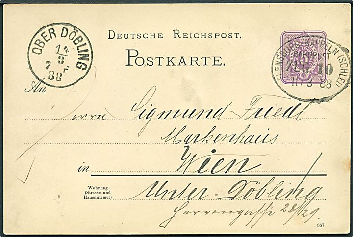 5 pfg. helsagsbrevkort fra Glücksburg annulleret med bureaustempel Flensburg - Kappeln (Schlei) Bahnpost Zug 10 d. 11.3.1888 til Wien, Østrig.