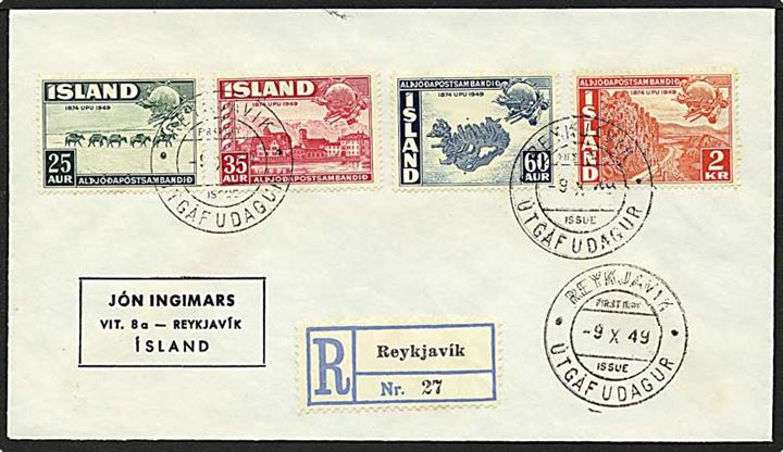 Komplet sæt Verdenspostforeningen på uadresseret anbefalet FDC stemplet Reykjavik d. 9.10.1949.